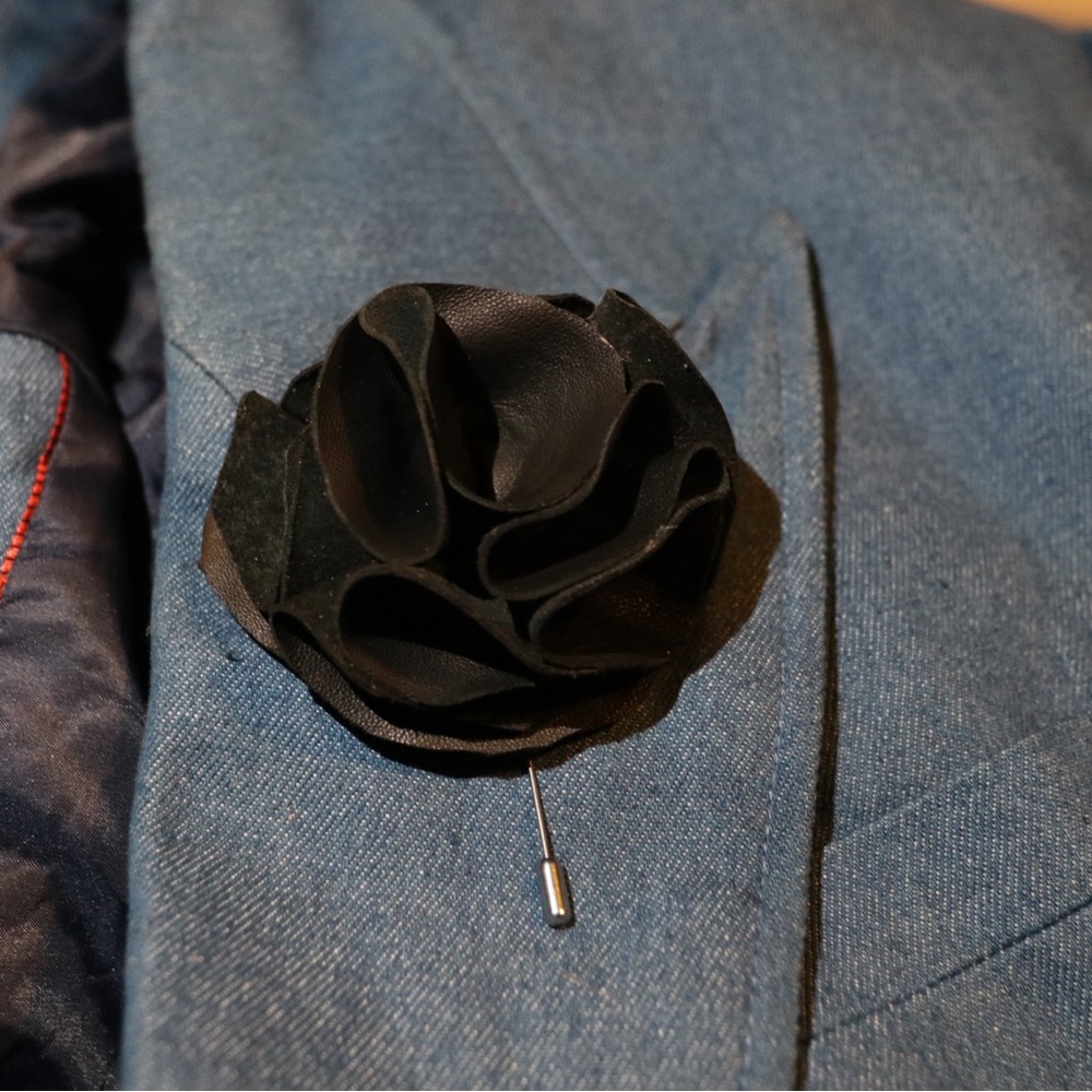 Black leather Flower Lapel Pin. Tuxedo